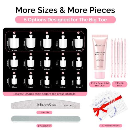 MelodySusie Press-On Toenails Kit - 150 Pcs Square Soft Gel Pedicure Set