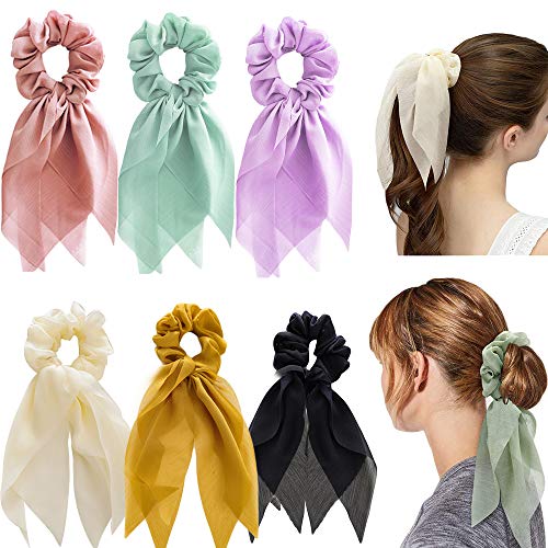 DINPREY 8PCS Satin Hair Scrunchies Bundle with Bunny Ear Design - Double Layer Hair Ties for Women & Girls, 6 Colors