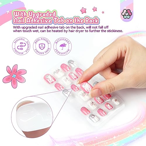SAVILAND Kids Press On Nails Set - 168 Pre-Glued Short Nails, Blue Pink White Silver, Glitter Patterns for Ages 8-12