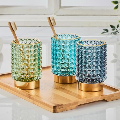 LEICURACE Vintage Glass Makeup Brush Holder, Green Large Desk Organizer
