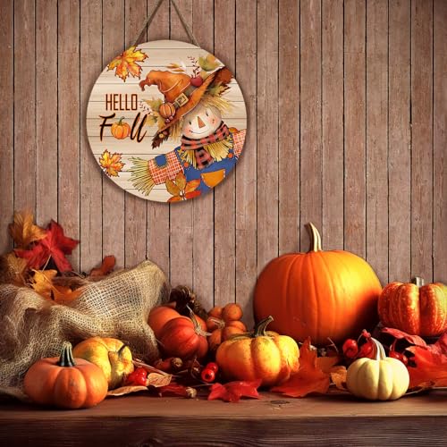Hello Fall Scarecrow Wooden Door Sign - Autumn Decor 12x12