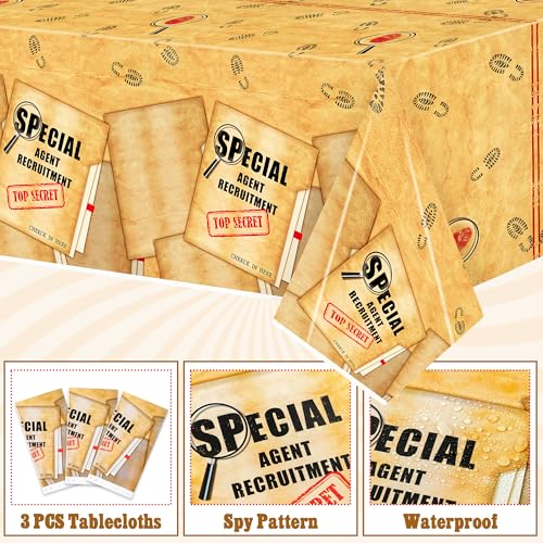 Spy Theme Tablecloths - 3 Pack Vintage Brown Plastic Covers for Kids' Parties