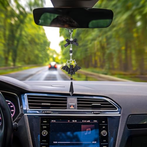 Gothic Bat Car Rearview Mirror Charm with Black Crystal Beads