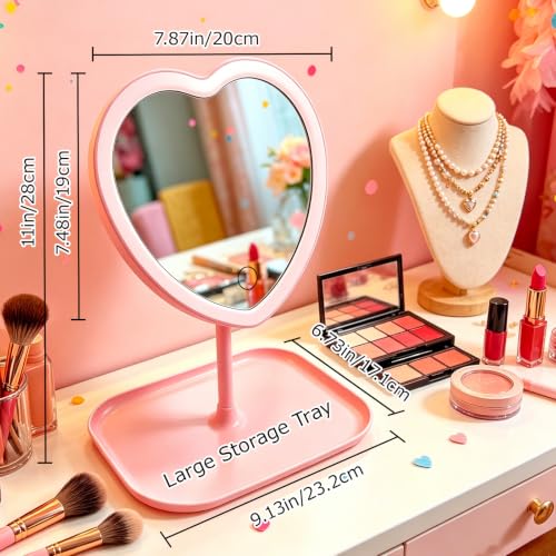 Heart-Shaped LED Makeup Mirror with 3 Light Colors for Girls