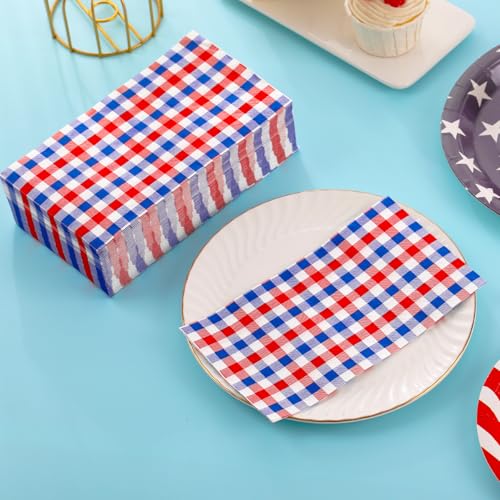 100 Disposable 4th of July Gingham Napkins - Patriotic Red, White & Blue