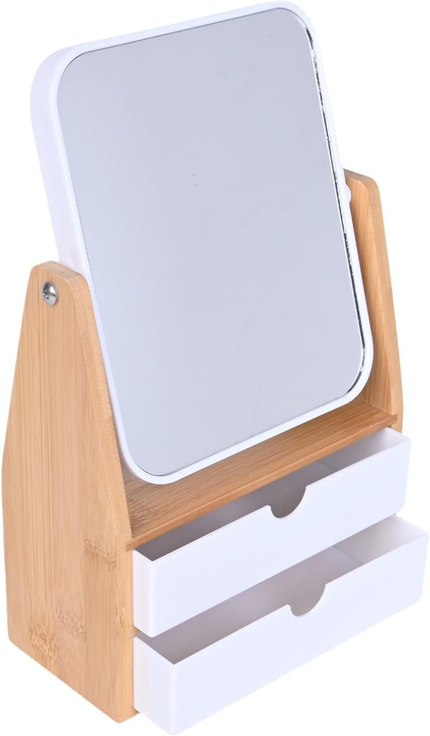 Magnifying Makeup Mirror - 1x/5x Dual-Sided with Bamboo Stand & Jewelry Storage Box | 360° Rotatable, Rectangle