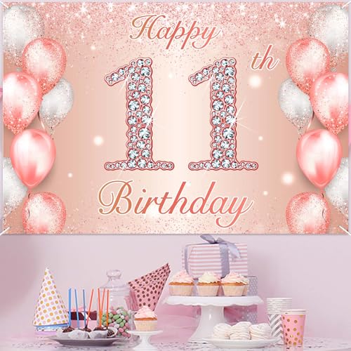 11th Birthday Rose Gold Banner - Pink Party Decor & Backdrop