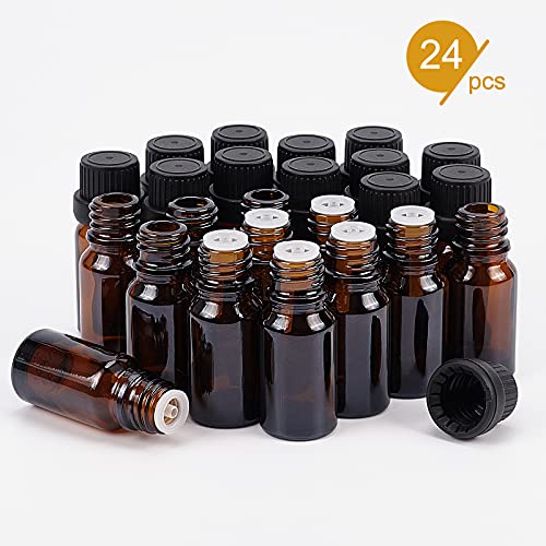 BENECREAT 24 Pack 10ml Brown Glass Essential Oil Bottles with Droppers & Funnels