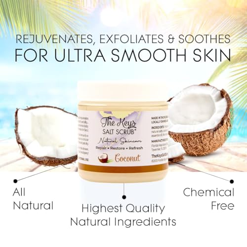 The Keys Salt Scrub Coconut - Organic Sea Salt Exfoliator with Wooden Spoon, 3.4 oz