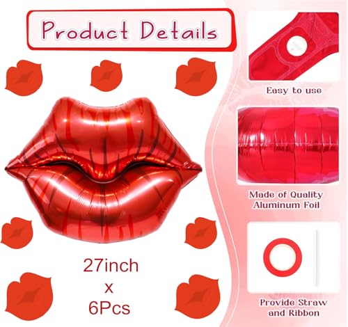 Red Lip Foil Balloons - 6Pcs Huge Kiss Balloons for Parties