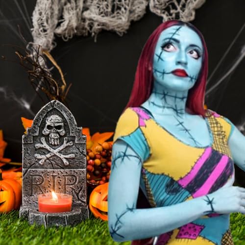 Sally Makeup Kit (Variation: Sally Makeup Kit) – Light Blue Face Paint, Red Lipstick, Black Eyeliner, Sponges for Sally/Corpse Bride Halloween Cosplay