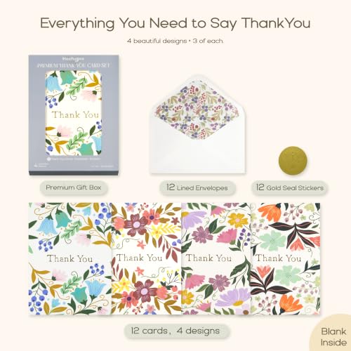 Thank You Cards Set - 12 Floral Design Cards with Envelopes & Stickers | 5x7 Gold Foil