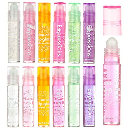 Expressions 12-Piece Fruity Roll-On Lip Gloss Set for Kids with Case