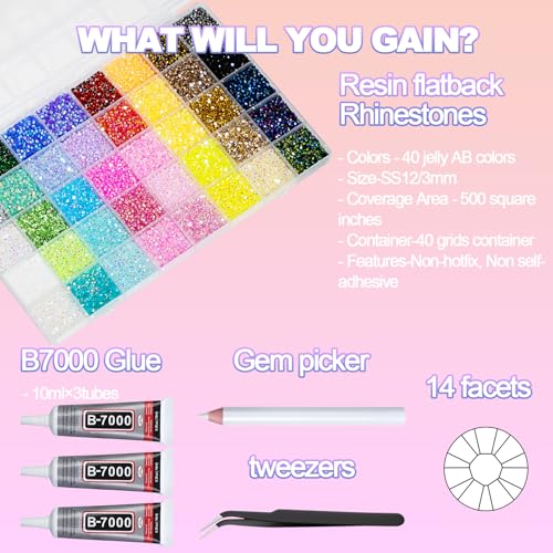50000+Pcs Resin Jelly Rhinestones for Bedazzling Kit, 3mm Multicolor Flat Back Gems Bedazzler Kit with 3Pcs 10ml B7000 Jewelry Glue, Colorful Bulk Jewels for Diamond Nail Art