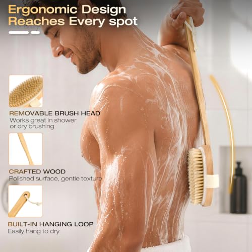 Natural Bristle Dry Brush with Long Handle for Back Exfoliation