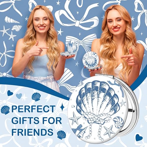 Weysat 9 Pcs Blue Seashell Compact Mirrors - Double Sided 1x/2x