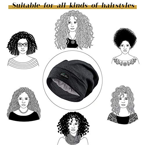 FocusCare Pure Black Satin Lined Sleep Slouchy Cap for Curly Hair