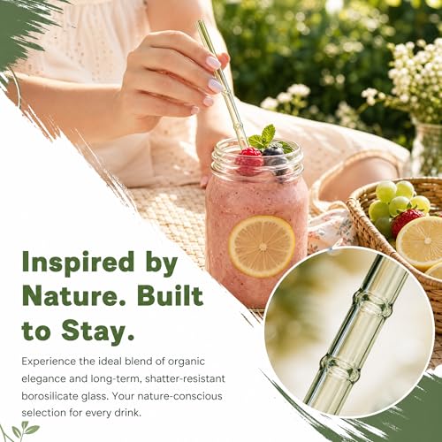 Bamboo Glass Straws Set - 4 Reusable Borosilicate Straws with Cleaning Brush