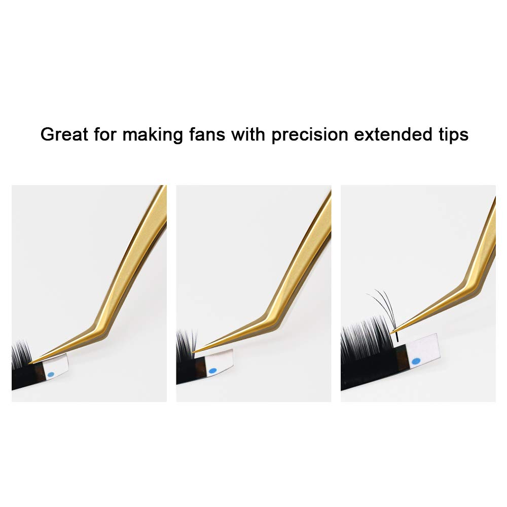 Tweezers for Volume Eyelash Extension - Precision Stainless Steel Curved Pointed Tweezers - Individual and 3D-6D Volume False Lashes Extensions Tweezers with Premium Storage Case- Golden - Ms.Queen