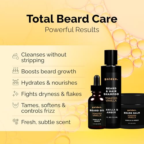 Golden Grooming Beard Bundle (Regular Starter Kit) 4oz Shampoo, 2oz Balm, 1oz Oil - Toasted Vanilla