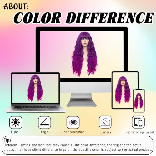 WGPFWIG Bright Purple Ombre Wig 27'' Curly Heat-Resistant Synthetic, Cap Included