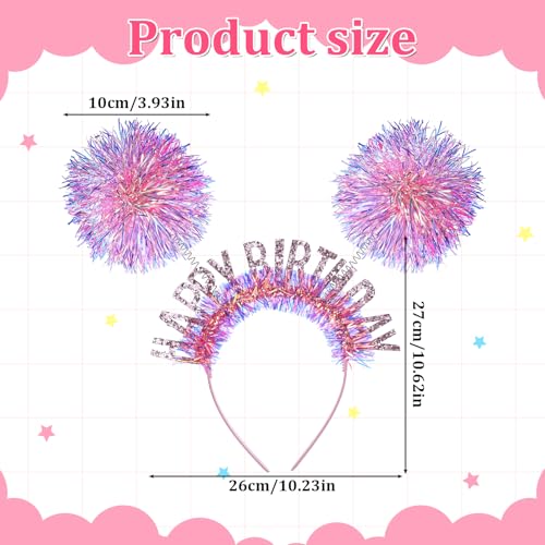 Adjustable Pink Birthday Crown Headband with Pom Poms