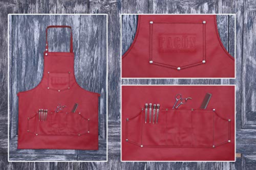 Facón Professional Leather Barber Apron with 6 Pockets - Red, 28" x 24"