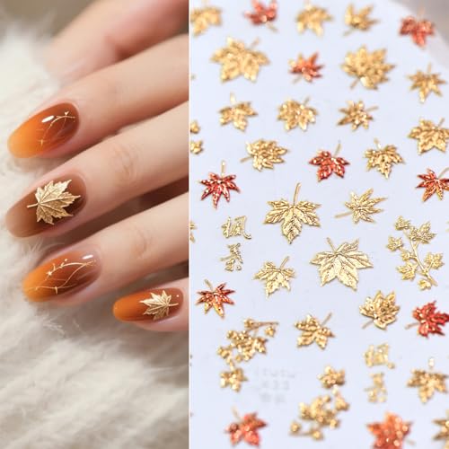 Sutaozhi Maple Leaf Stickers Style 12 - Fall Nails Art Decals, Gold Glitter Autumn Design, Thanksgiving Nail Decor, 1PCS