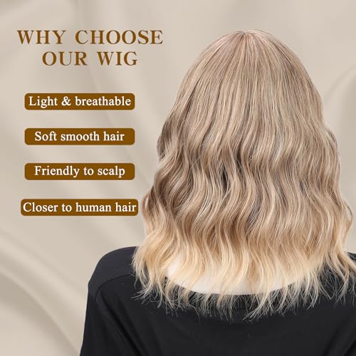 ATAYEA 14-Inch Short Wavy Bob Wig with Bangs - Honey Blonde Synthetic Hair