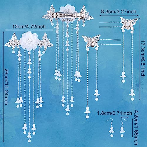 Silver 5Pcs Chinese Hair Stick Pins Set with Butterflies & Tassels