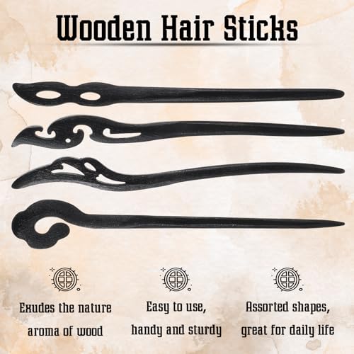 8-Pack Vintage Wooden Hair Sticks for Long Hair Buns