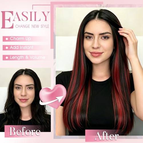 22-Inch Synthetic Clip-In Hair Extensions - Black with Red Highlight, 4PCS