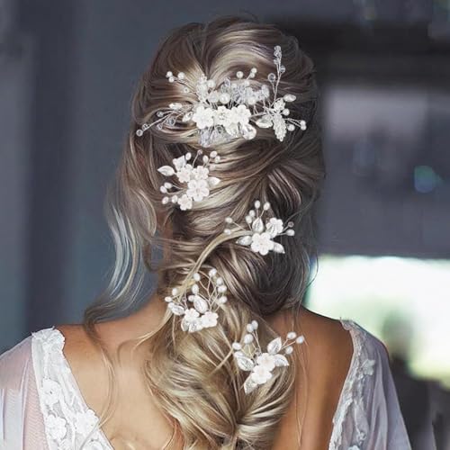 Silver 6 Pcs Bridal Flower Hair Pins with Crystal Pearls & Rhinestones