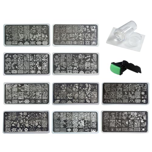 10-Piece Nail Art Stamping Plate Set with Stamper and Holder