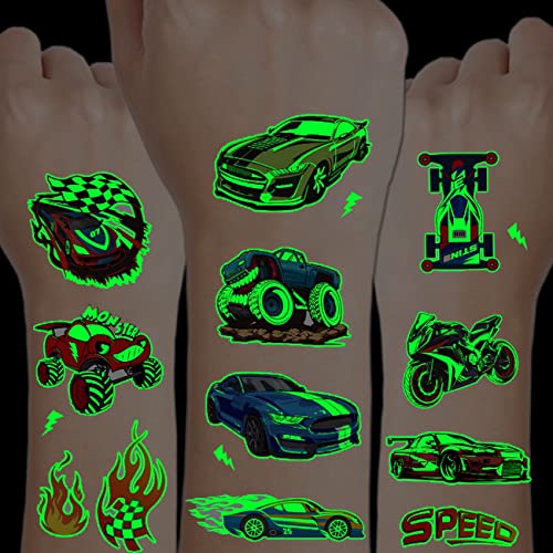Glow in The Dark Race Car Tattoos for Kids – Waterproof & Removable, 24 Sheets
