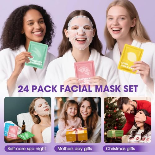 KONEUK 24 Pack Face Masks Set - Hydrating, Soothing Skincare with 12 Types - B-24 Pack
