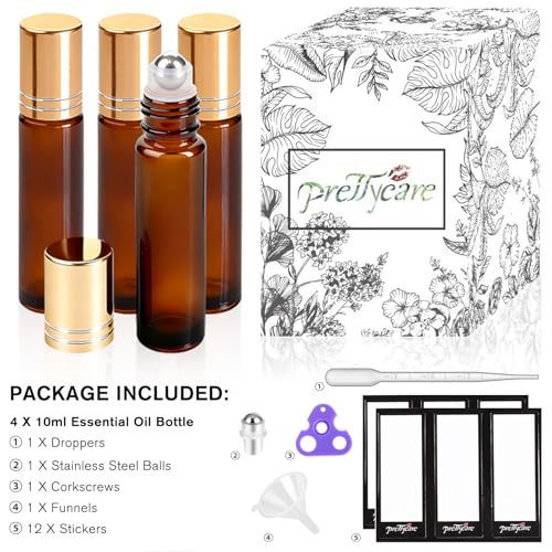 PrettyCare 4 Pack Amber Glass Oil Roller Bottles - 10ml Leak-Proof