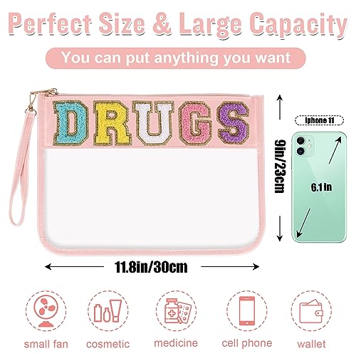 Izuzta A-DRUGS-Pink Chenille Letter Waterproof Makeup & Medicine Pouch with Wristlet