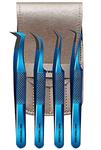 GMI Lash Tweezers Set - 4 Stainless Steel Blue Plasma Eyelash Tools