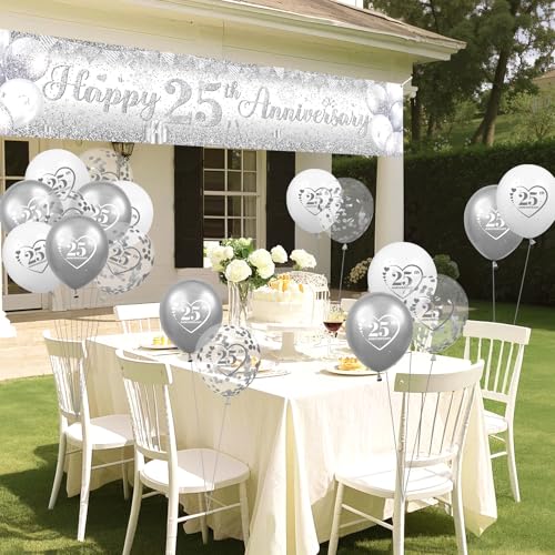 Silver 25th Anniversary Decorations Kit with Banner & Balloons