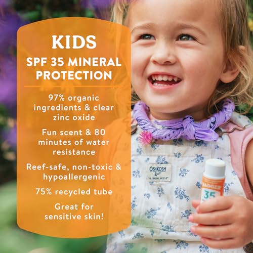 Badger Kids Sunscreen Face Stick SPF 35 - Zinc Oxide, Organic, Reef Safe
