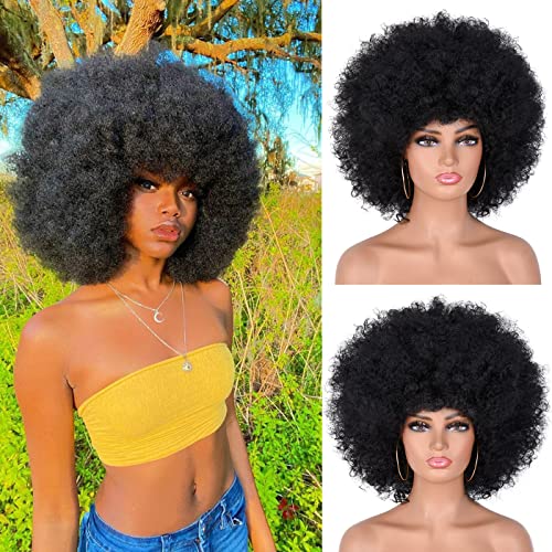 ANNISOUL Black Short Curly Afro Wig with Bangs for Women - 70s Style