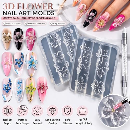 2Pcs Hibiscus Flower Silicone Nail Art Molds with Carving Pen