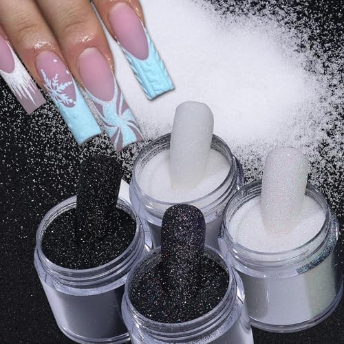 STZPRONAIL Sugar Glitter Nail Powder Set – 4 Colors Black White Sugar Shimmer for Dip, French Tip & DIY Nail Art