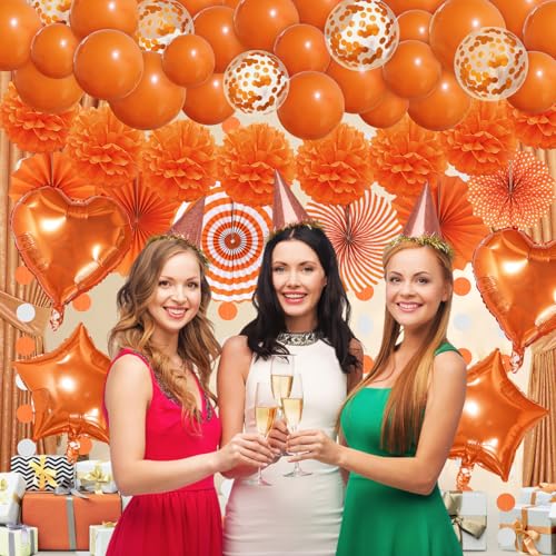 Orange Party Decorations Set - Pompoms, Balloons & Garland
