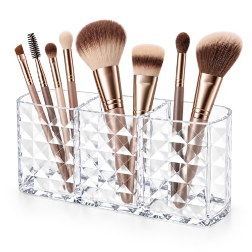 MOSIKER Clear Acrylic Makeup Brush Organizer with 3 Compartments for Vanity