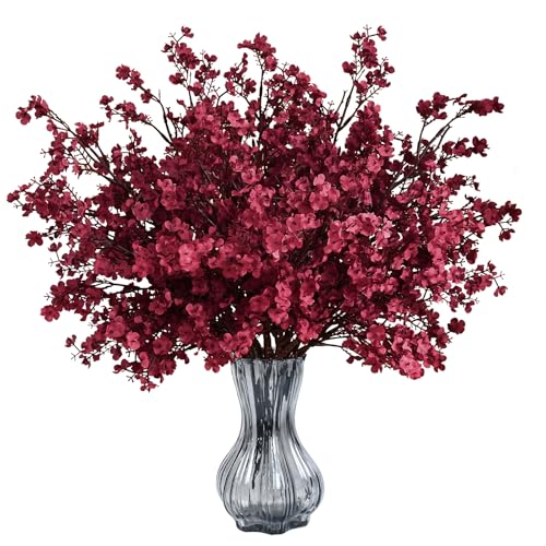 6 Real Touch Silk Baby's Breath Flowers - Wine Red Fall Stems
