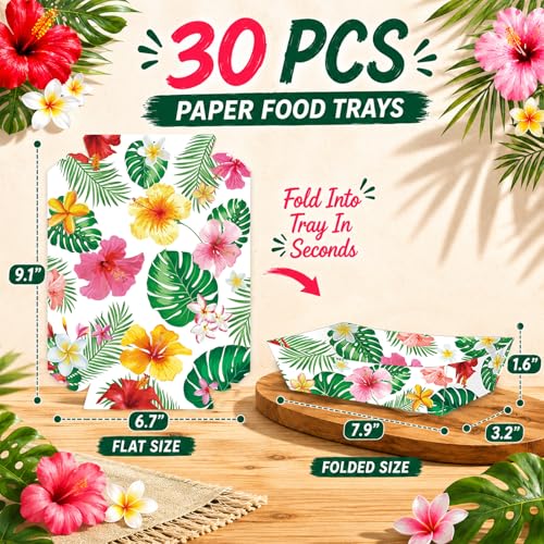 30 Pack Hawaiian Hibiscus Paper Food Trays - Tropical Party Supplies