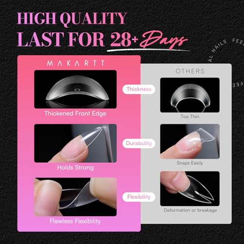 Makartt Long Medium Sharp Almond Nail Tips - Clear Full Cover Fake Nails, 15 Sizes, 240PCS