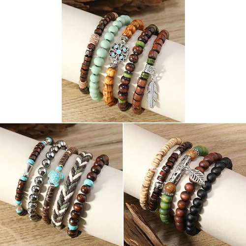 SONNYX 43Pcs Gothic Wooden Beaded Bracelets for Men